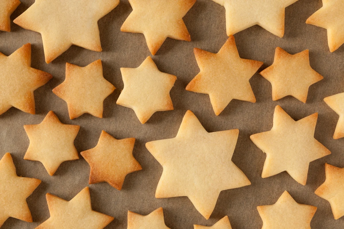 Goldbraune, sternförmige Kekse aus Mürbeteig auf Backpapier, frisch gebacken.