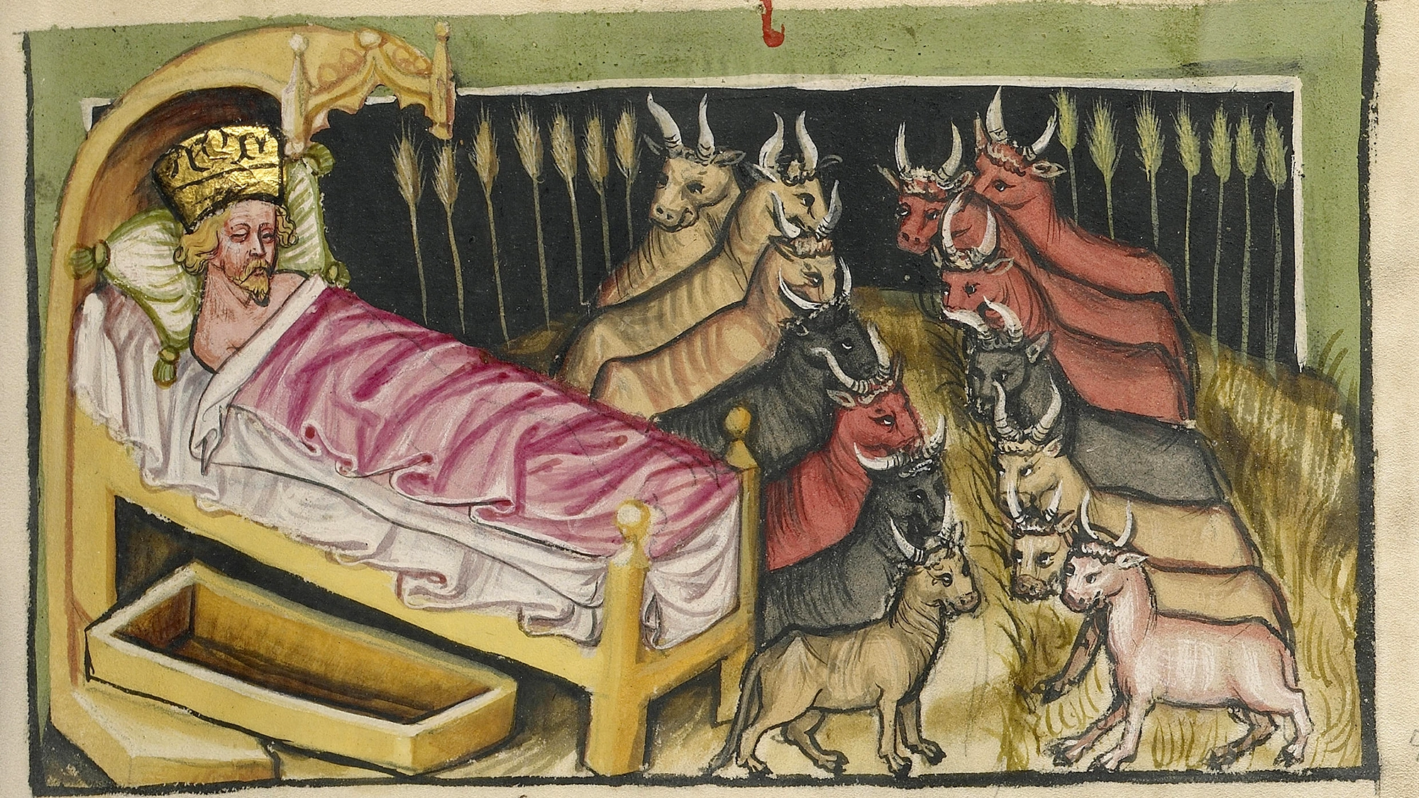 Medieval illustration of Pharaoh dreaming in bed, wearing a golden crown and lying under a pink blanket. In his dream, seven fat and healthy cows stand beside seven thin and gaunt cows, all with horns, in a field of wheat. The scene is depicted in a colorful and stylized manuscript style.