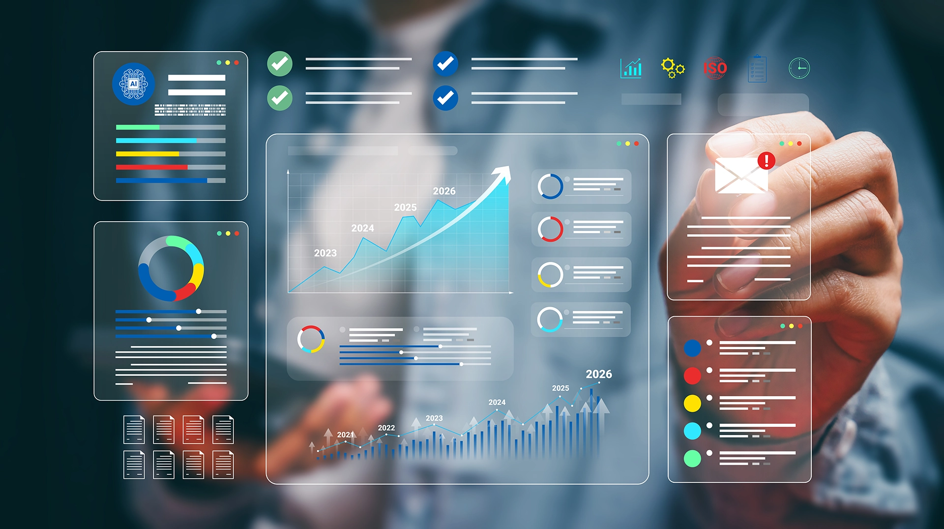 Hand bedient ein digitales Business-Intelligence-Dashboard mit KPI-Monitoring, Diagrammen, Marktanalysen und Performance-Kennzahlen für datenbasierte Unternehmensführung.